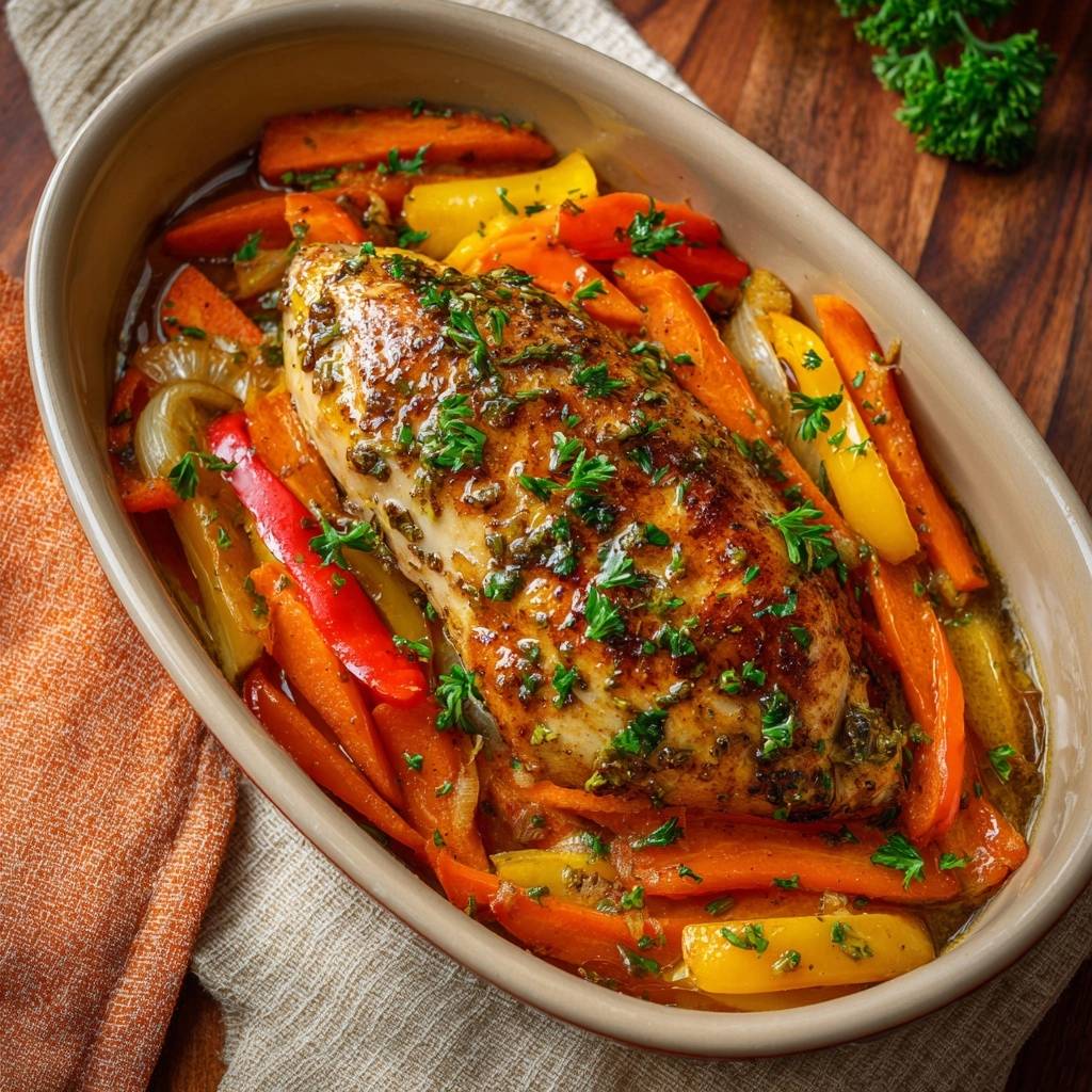 Saftiges Ofenhähnchen mit Paprika-Karotten-Gemüse aus einem ovalen Bräter, garniert mit Petersilie.