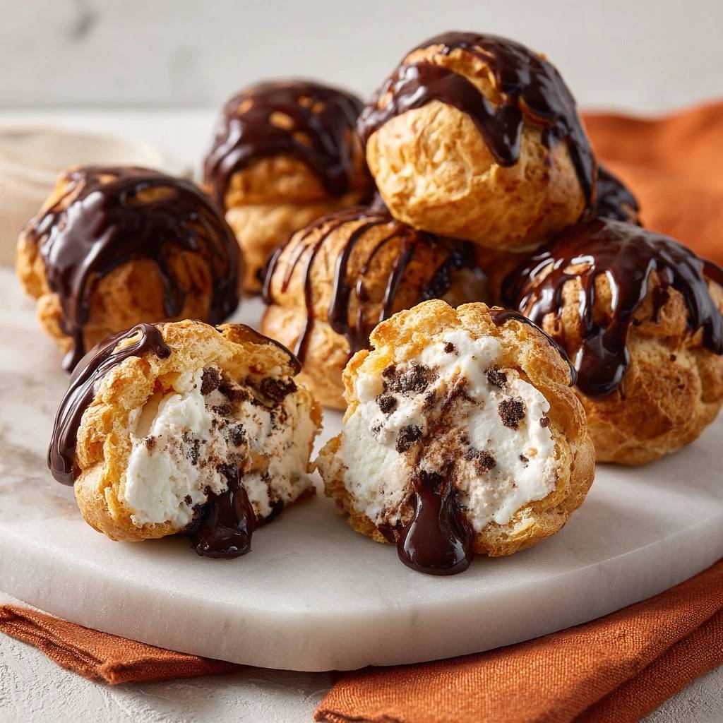Oreo-Creme-Windbeutel mit Schoko-Glasur angeschnitten, die Füllung mit Keksstückchen und flüssiger Schokosauce ist sichtbar.