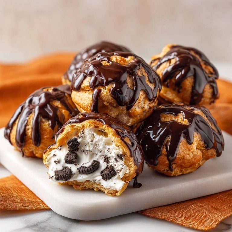 Oreo-Creme-Windbeutel mit Schoko-Glasur, angeschnitten und mit Oreo-Stücken gefüllt, zeigen das cremige Innere.
