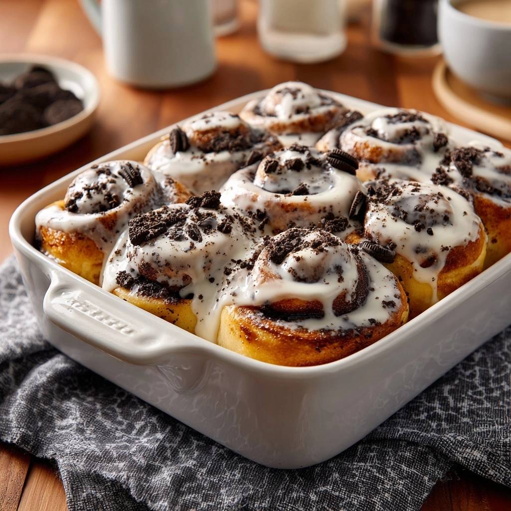 Oreo-Zimtschnecken, die in einer weißen Auflaufform frisch gebacken und mit Glasur und Oreo-Krümeln garniert sind.