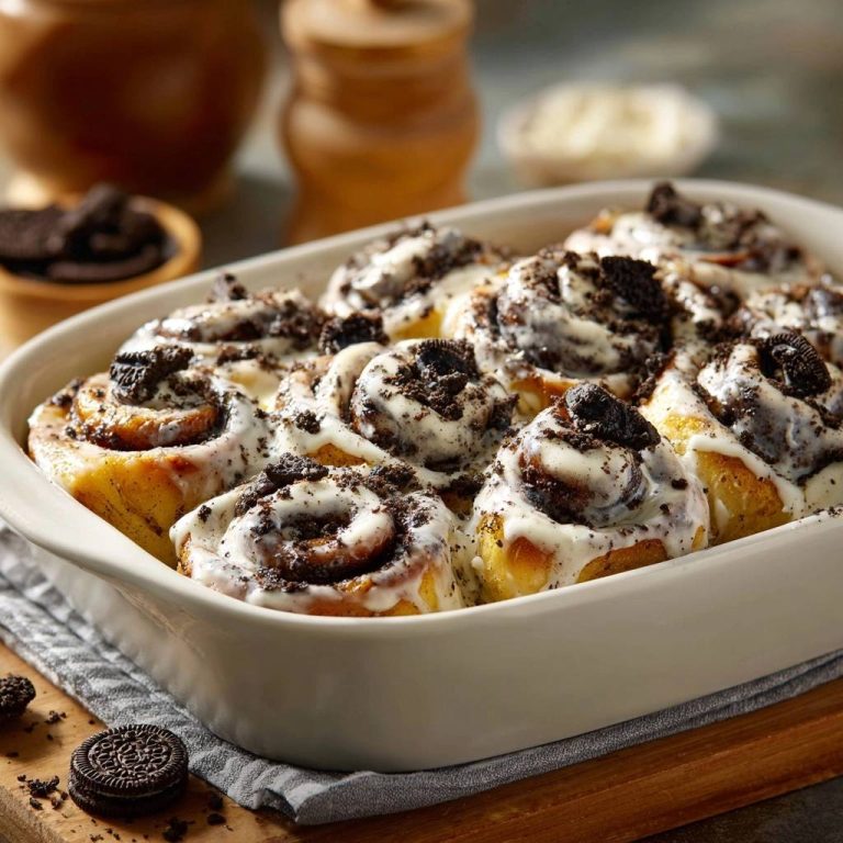 Oreo-Zimtschnecken, nah aufgenommen in einer Auflaufform, mit zarter Glasur und zerbröselten Oreo-Keksstücken obendrauf.