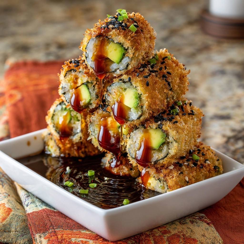 Knusprige Panko-Avocado-Rolls mit einer glänzenden Glasur, die über die gestapelten Sushi-Rollen tropft.