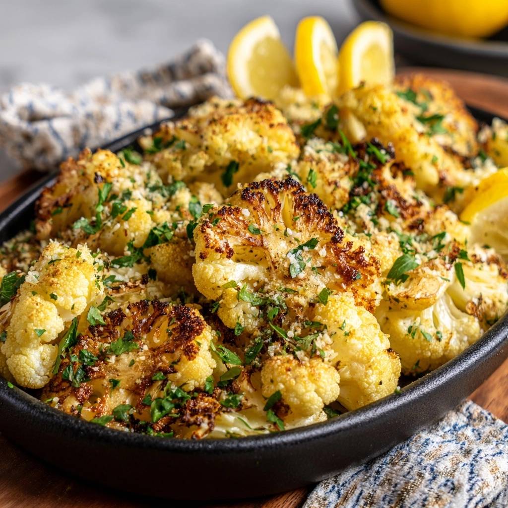 Knuspriger Parmesan-Blütenkohl, garniert mit frischer Petersilie und Zitronenspalten, serviert in einer schwarzen Schale.