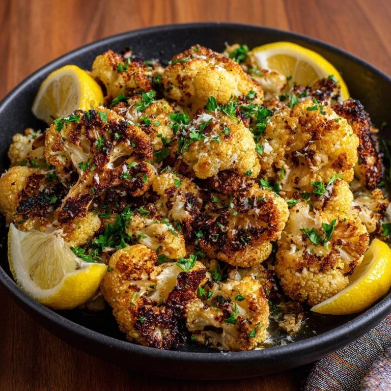 Knuspriger Parmesan-Blütenkohl, garniert mit frischer Petersilie und serviert mit Zitronenspalten für extra Frische.