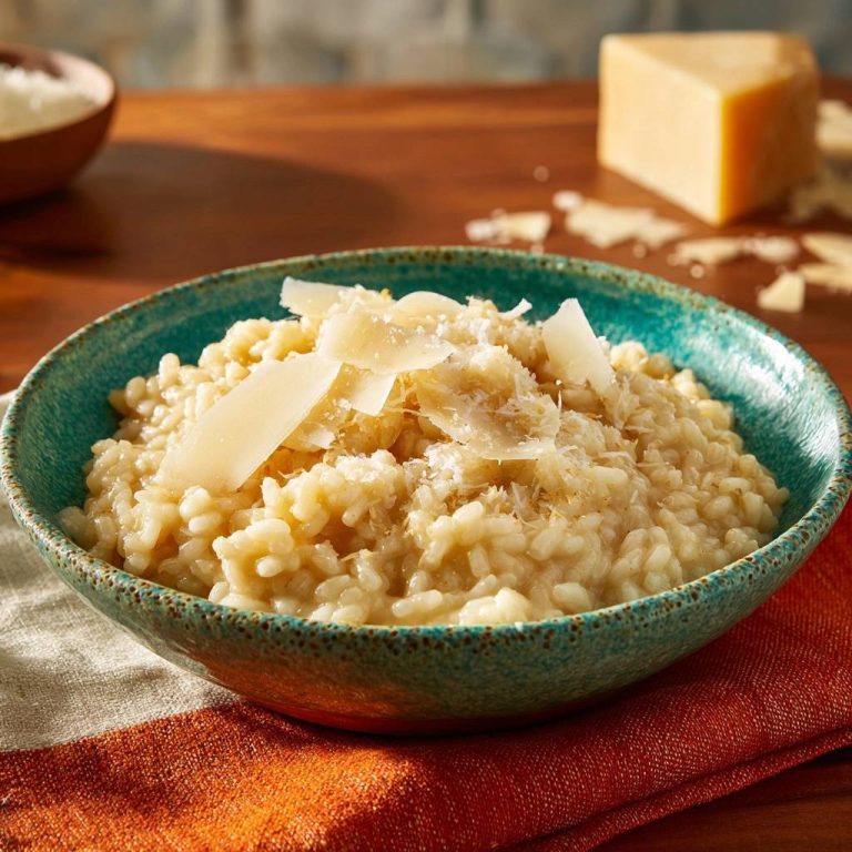 Cremiges Parmesan-Risotto, garniert mit dünnen Parmesan-Spänen und geriebenem Käse, in einer blauen Schüssel.