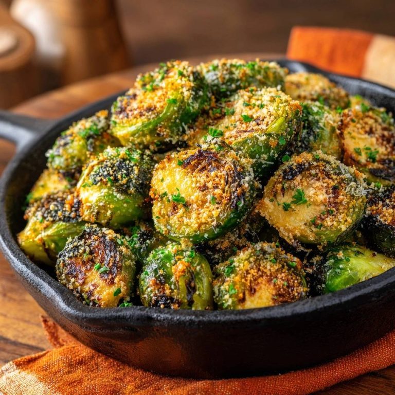 Knuspriger Parmesan-Rosenkohl in einer gusseisernen Pfanne, mit gerösteten Krümeln und Petersilie bestreut