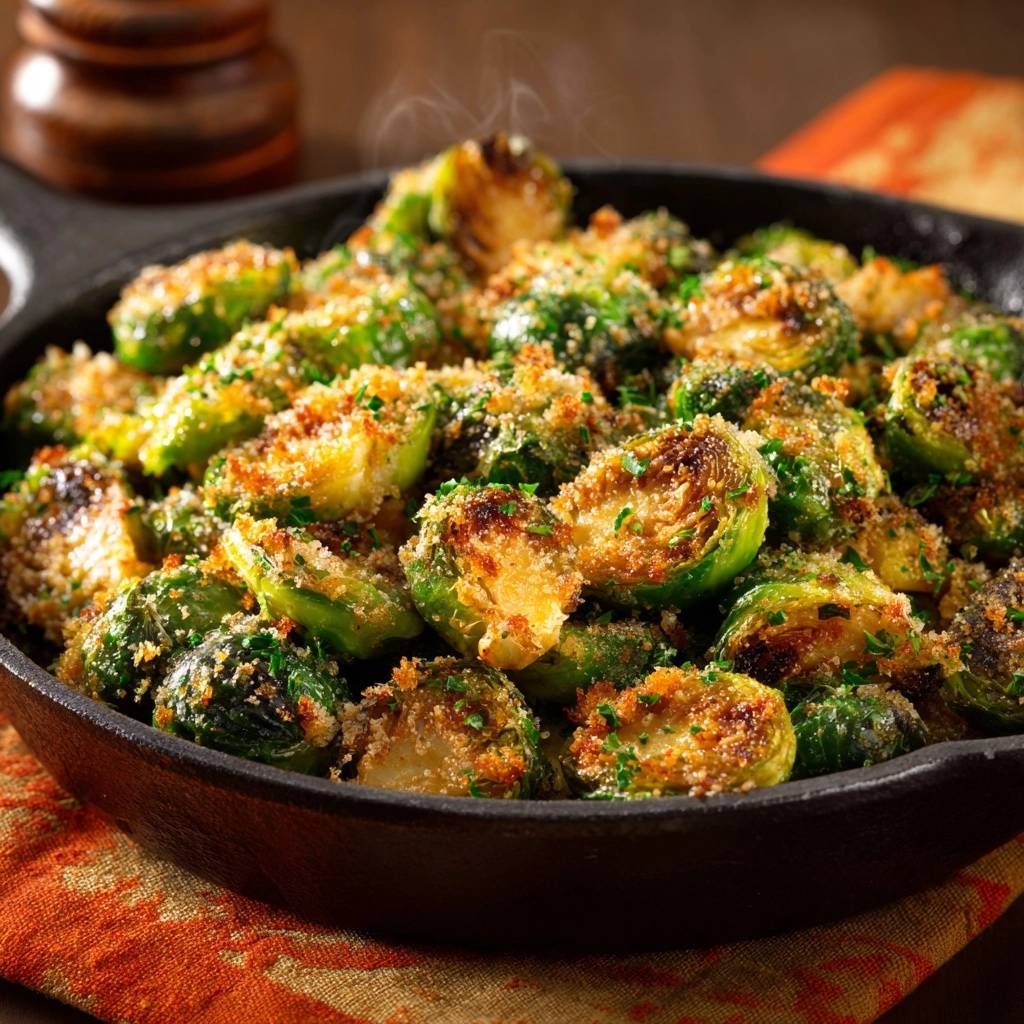 Knuspriger Parmesan-Rosenkohl mit sichtbarer goldbrauner Kruste und frischer Petersilie in einer gusseisernen Pfanne.