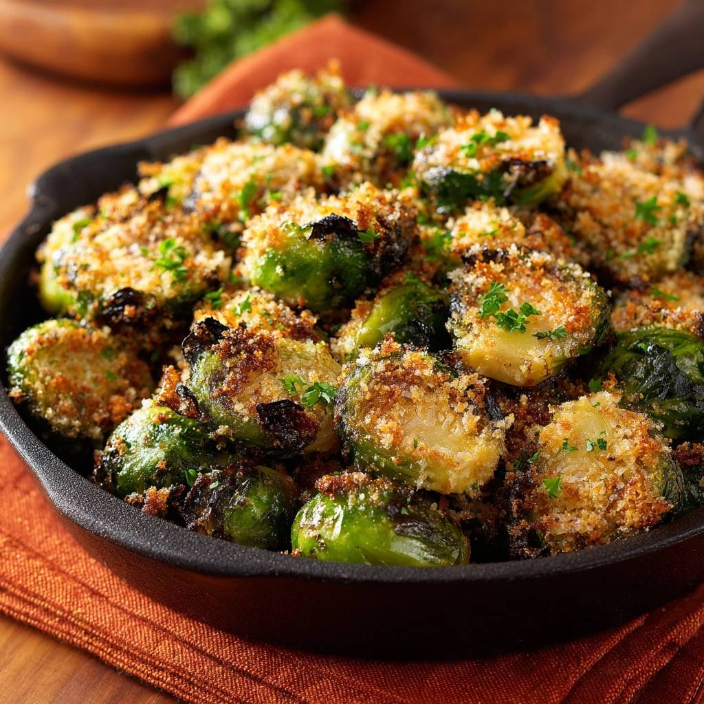 Knuspriger Parmesan-Rosenkohl mit einer goldbraunen Brotkrümelkruste und frischer Petersilie garniert in einer Gusseisenpfanne.