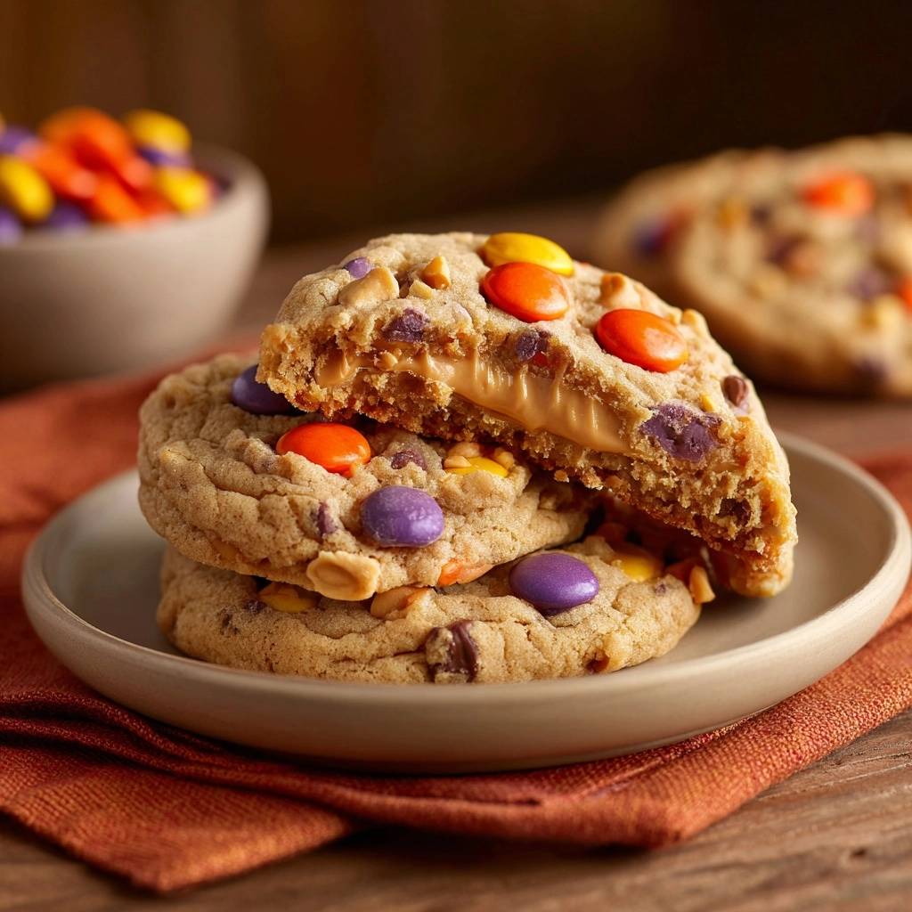 Peanut-Butter-M&M-Schoko-Cookies angeschnitten mit cremiger Erdnussbutterfüllung und bunten M&Ms