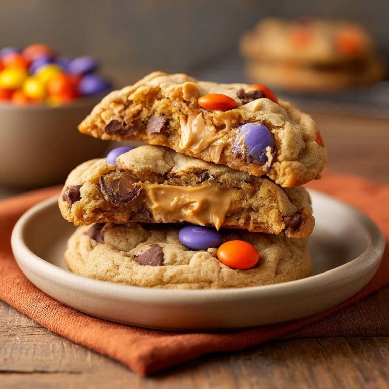 Peanut-Butter-M&M-Schoko-Cookies angeschnitten, die den geschmolzenen Erdnussbutterkern und Schokoladenstückchen zeigen.