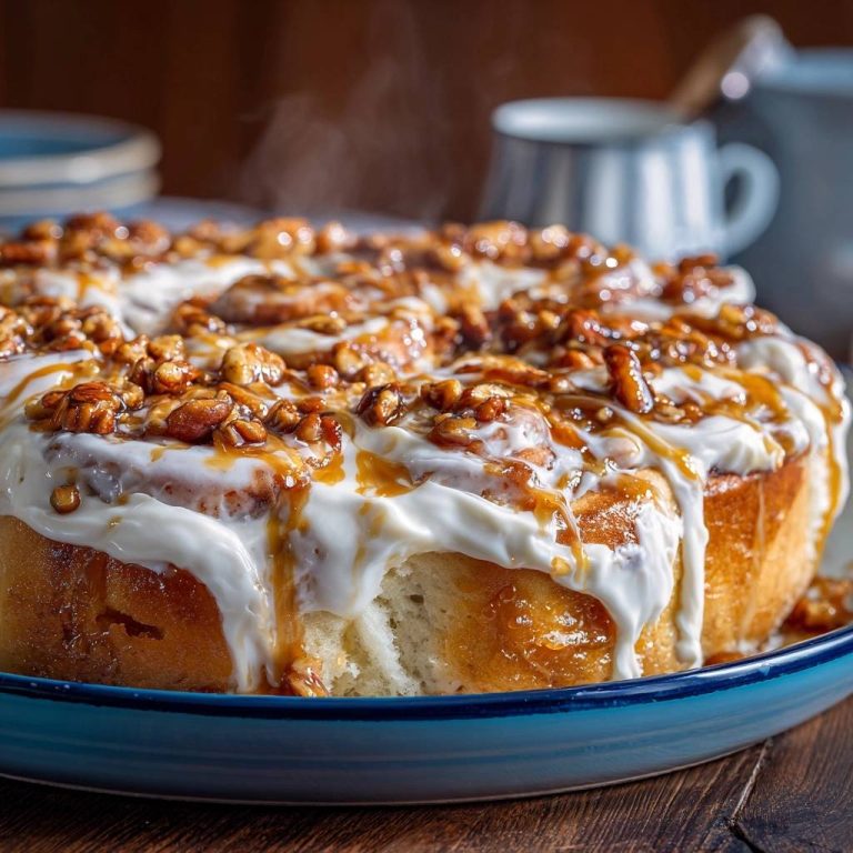 Pekannuss-Karamellschnecken, frisch gebacken mit reichlich cremiger Glasur und karamellisierten Nüssen obendrauf.