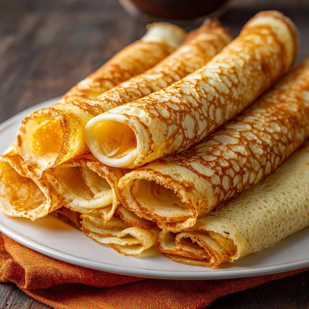 Perfekte Crêpes mit Schoko-Sauce, hier als Nahaufnahme von gerollten Exemplaren mit sichtbarem Inneren auf einem Teller.