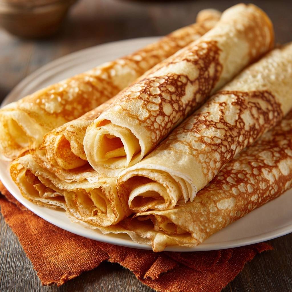 Perfekte Crêpes mit Schoko-Sauce, nah aufgenommen und gestapelt auf einer weißen Platte mit einer orangen Serviette.
