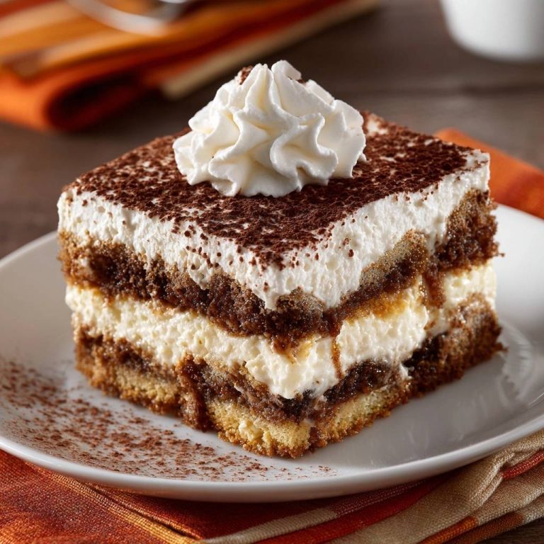 Perfektes Tiramisu als angeschnittene Portion auf einem Teller mit Sahnetuffs und Kakaopulver bestäubt