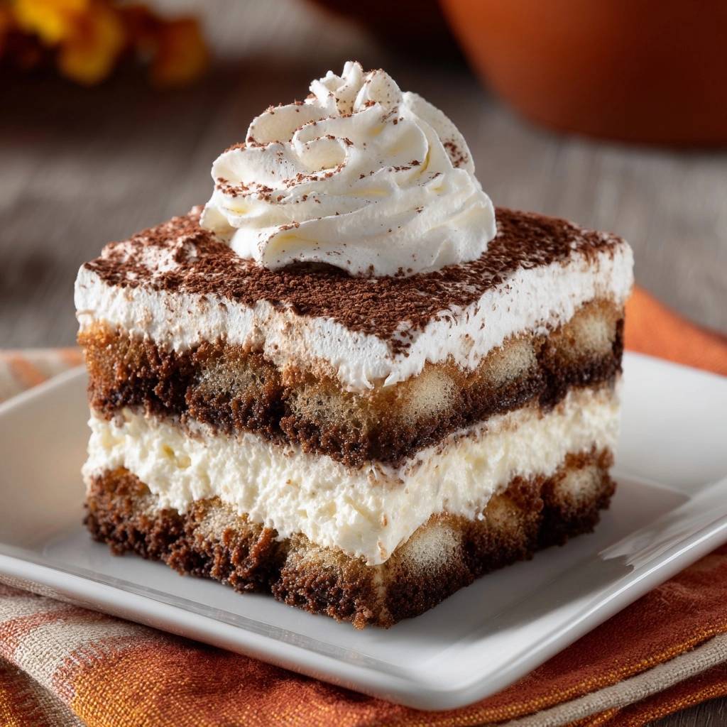 Perfektes Tiramisu als Nahaufnahme auf einem Teller, garniert mit einer Sahnetuffe und Kakaopulver.