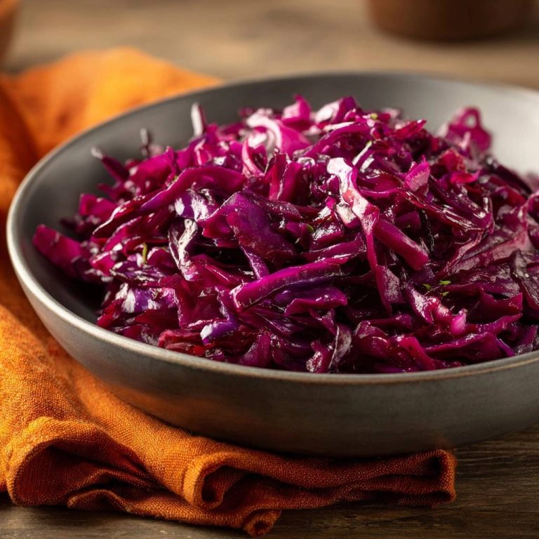 Knuspriger Pfannen-Rotkohl in einer dunklen Schüssel auf einem rustikalen Holztisch mit orangefarbener Serviette