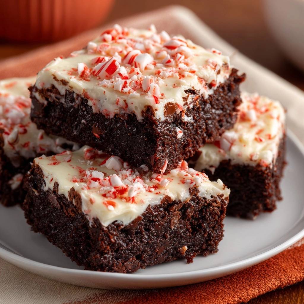 Pfefferminz-Schoko-Brownies, eine Nahaufnahme von gebackenen Brownies mit weißer Glasur und zerstoßenen Pfefferminzbonbons garniert.