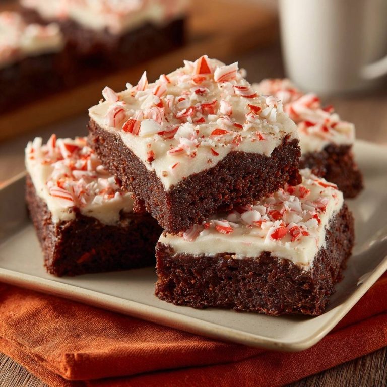 Pfefferminz-Schoko-Brownies mit weißer Glasur und zerstoßenen Pfefferminzbonbons, nahaufnahme auf einem Teller serviert.