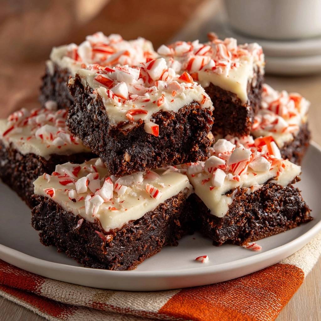 Pfefferminz-Schoko-Brownies garniert mit zerstoßenen Zuckerstangen auf einem Teller, Nahaufnahme der Oberseite.