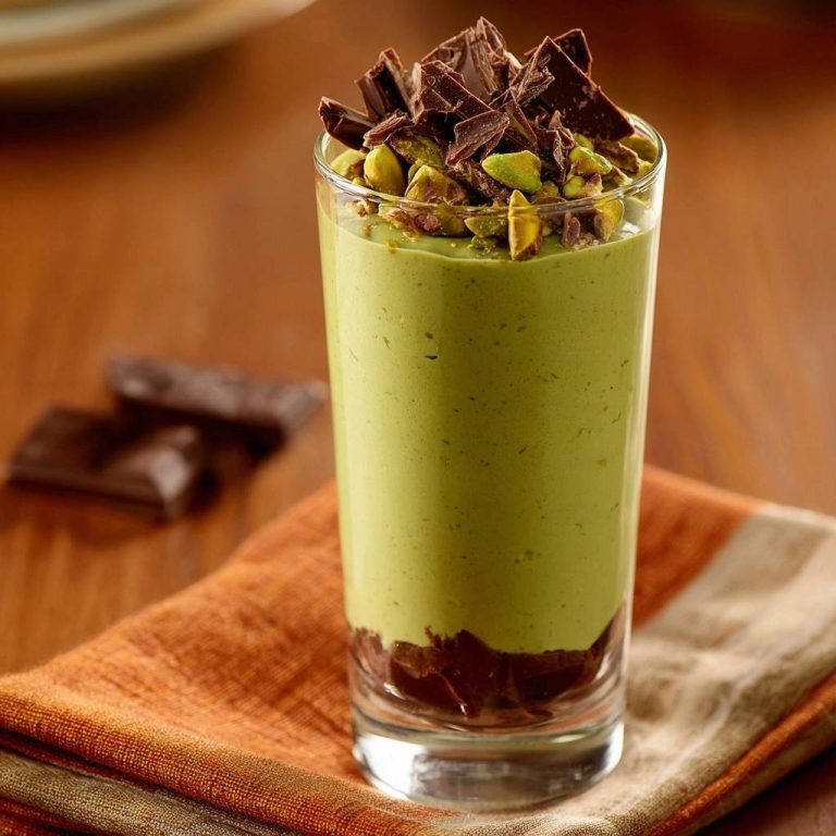 Pistazien-Schoko-Parfait, garniert mit gehackter Schokolade und grünen Pistazien, in einem Glas serviert.