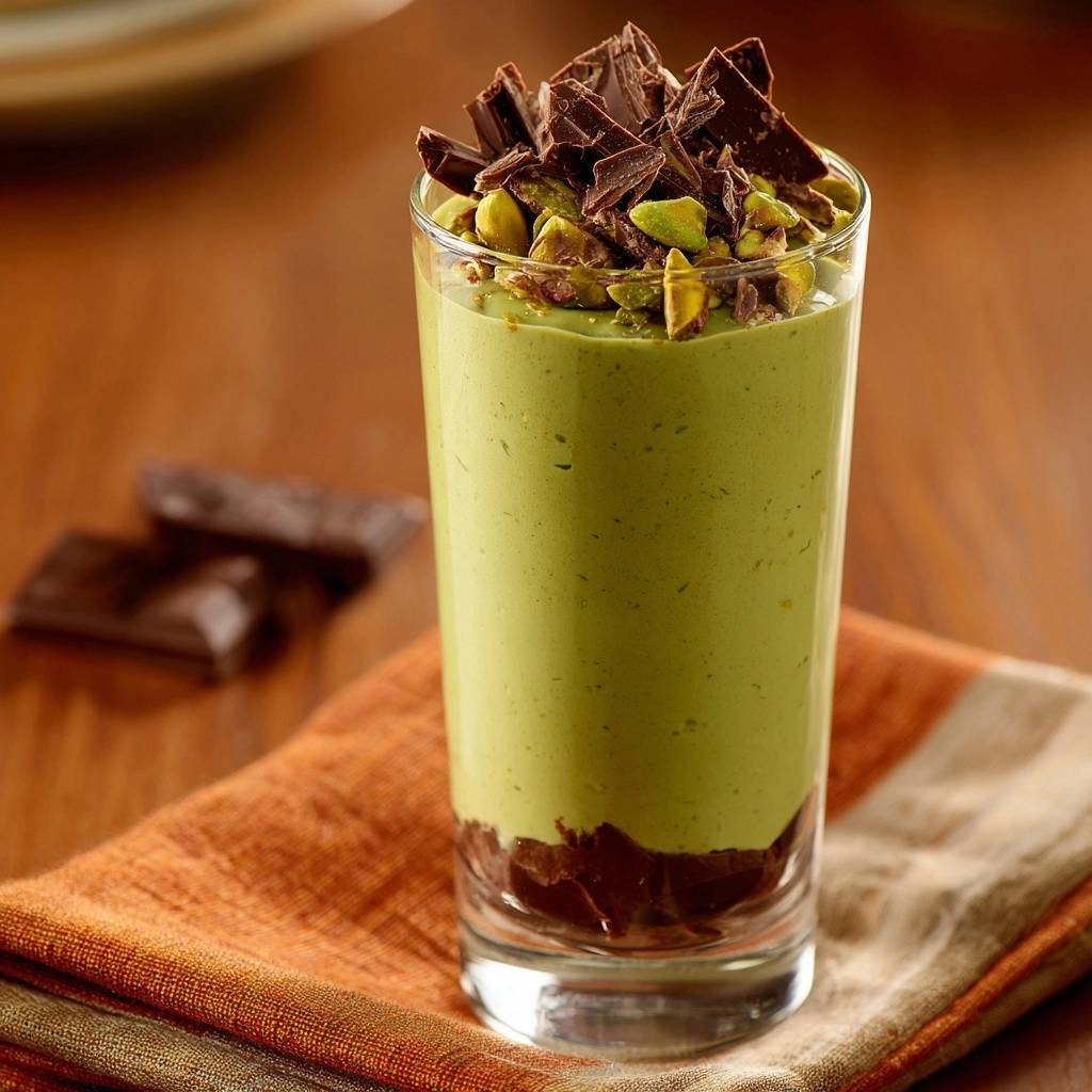 Pistazien-Schoko-Parfait, garniert mit gehackter Schokolade und grünen Pistazien, in einem Glas serviert.