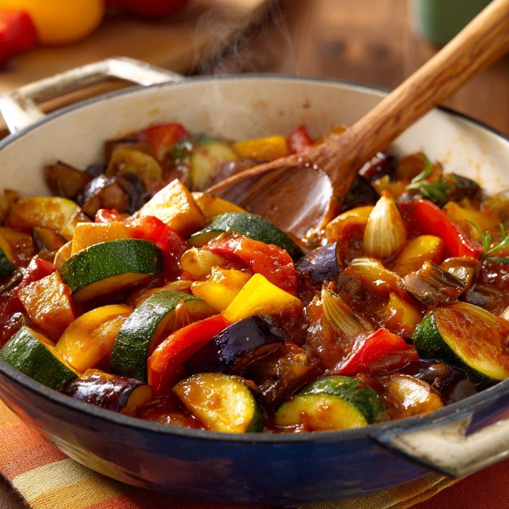 Provenzalisches Ratatouille dampfend in einer Pfanne mit einem Holzlöffel, serviert mit frischem Gemüse wie Zucchini und Paprika.