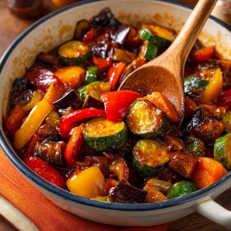 Provenzalisches Ratatouille mit einem Holzlöffel in einer Pfanne, Nahaufnahme der bunten Gemüsesorten.