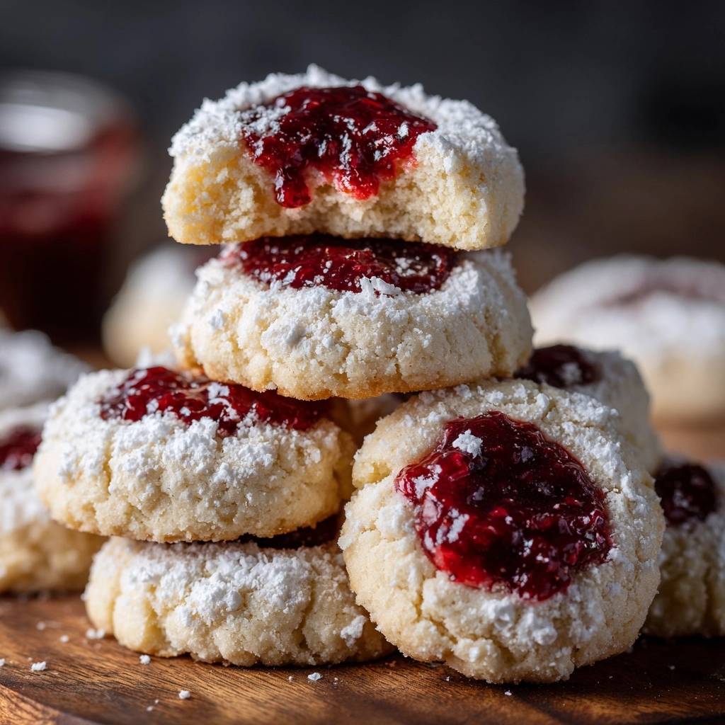 Puderzuckrige Marmeladenkekse mit Himbeermarmelade, ein Keks ist angeschnitten und zeigt die Textur des Teigs.