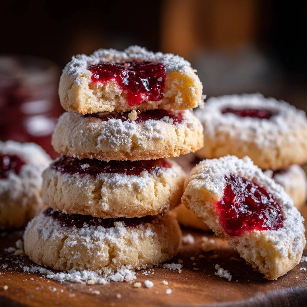 Puderzuckrige Marmeladenkekse als Stapel mit einem Keks mit Biss, der die Füllung zeigt, auf einem Holzbrett.