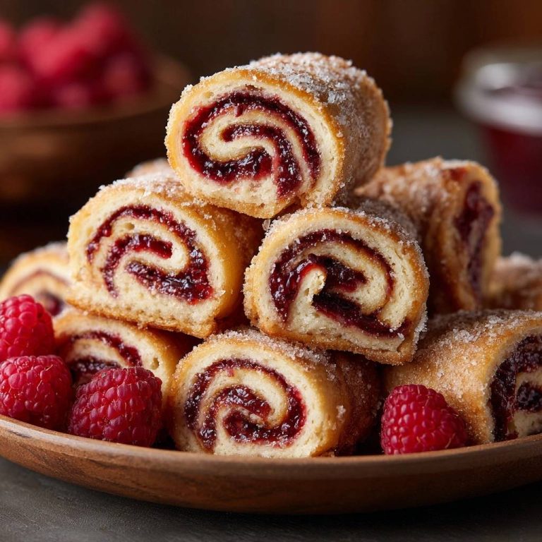 Pudrige Himbeerschnecken im Nahaufnahme-Querschnitt zeigen die wirbelnde Himbeermarmeladenfüllung und den zuckrigen Außenmantel.