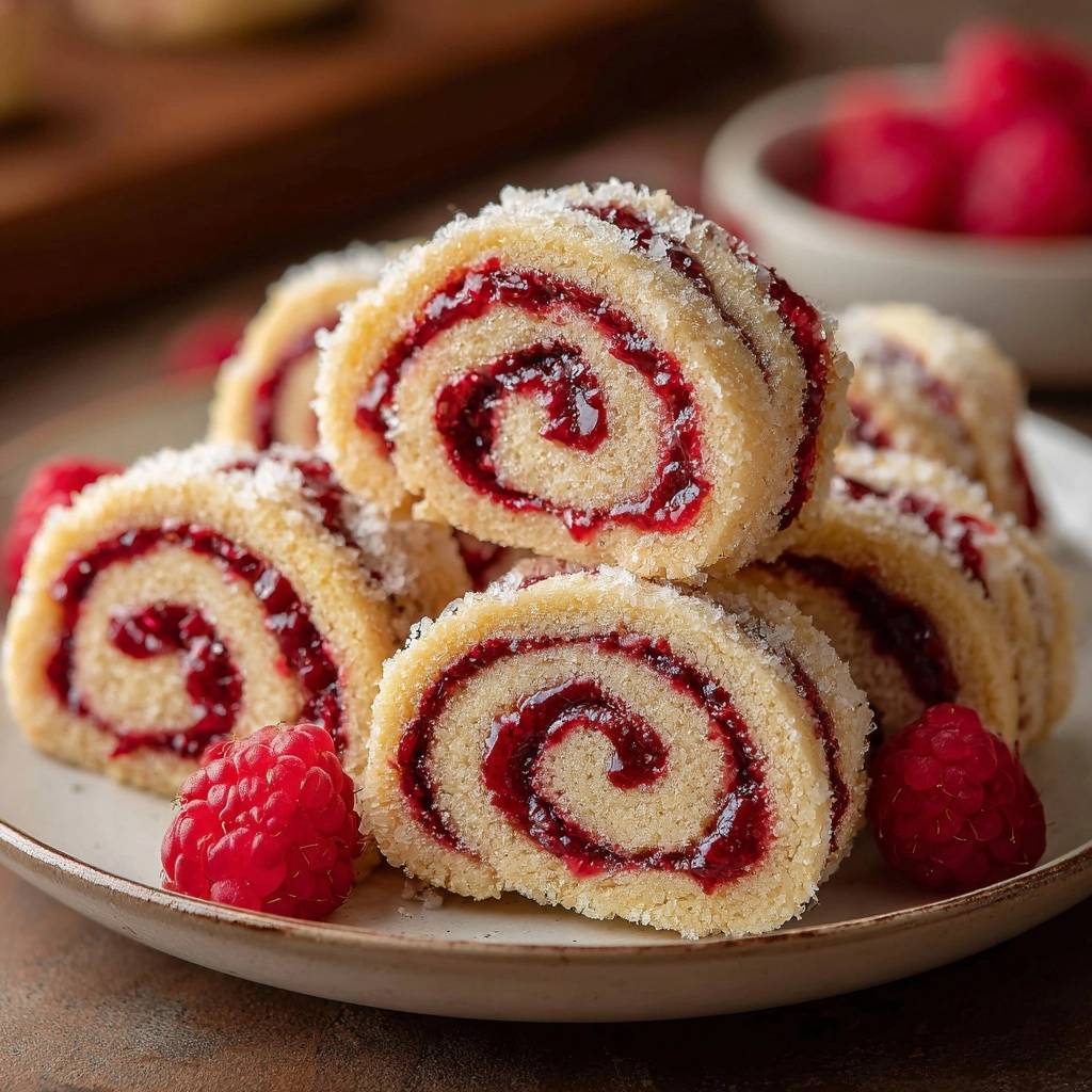 Pudrige Himbeerschnecken im Querschnitt mit leuchtend roter Marmelade und Zuckerstreusel auf einem Teller.