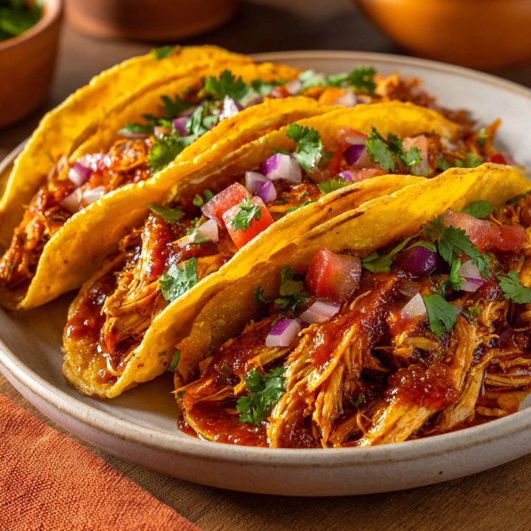 Saftige Pulled Chicken Tacos auf einem Teller, nahaufnahme der Füllung und Garnitur