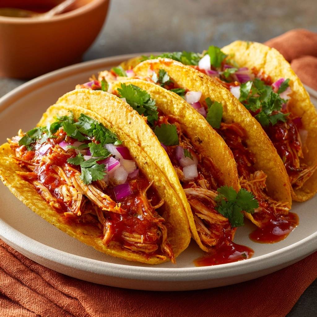 Saftige Pulled Chicken Tacos auf einem Teller, nahaufnahme mit roten Zwiebeln und Koriander garniert.