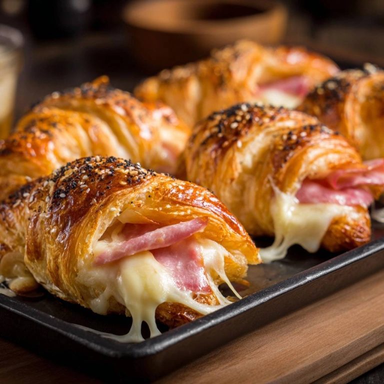 Knusprige Pute-Käse-Croissants mit geschmolzenem Käse, der aus dem gebackenen Gebäck quillt, Nahaufnahme