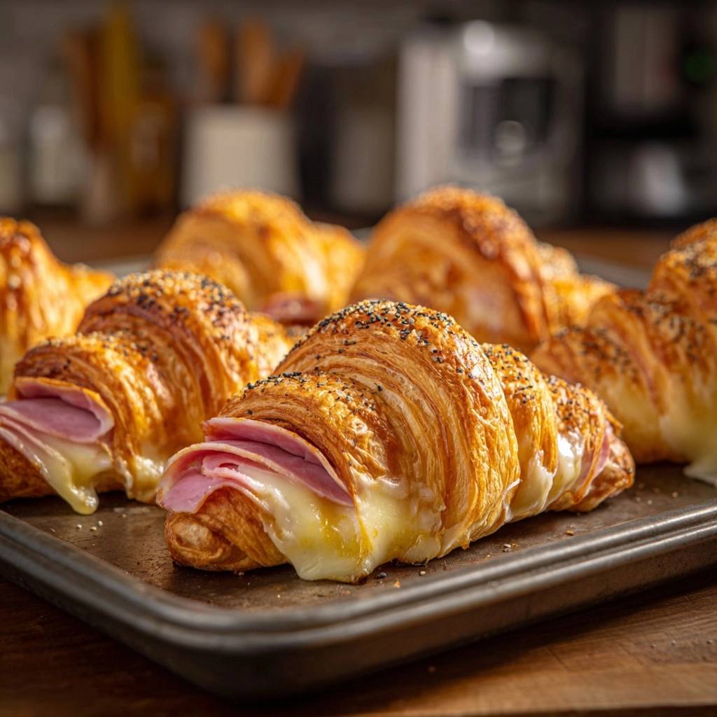 Knusprige Pute-Käse-Croissants mit geschmolzenem Käse und Schinken, nah aufgenommen auf einem Backblech.