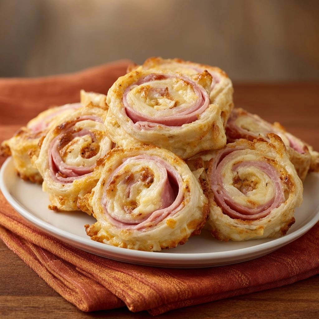 Knusprige Puten-Käse-Rollen auf einem Teller von nah aufgenommen, mit Käse und Schinken in Blätterteig.