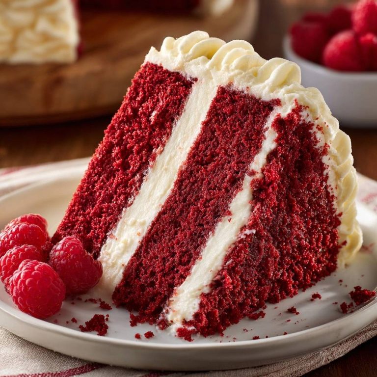 Red Velvet Kuchen mit Frischkäse-Frosting und Himbeeren, angeschnittene Scheibe mit Frischkäse-Füllung und Glasur