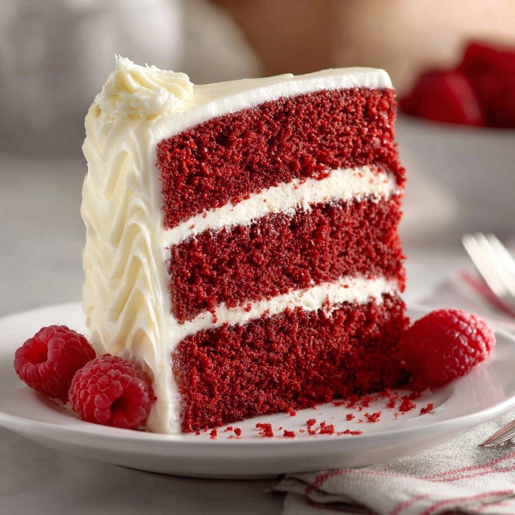 Red Velvet Kuchen mit Frischkäse-Frosting und Himbeeren, angeschnittene Scheibe mit drei roten Böden und weißer Creme.