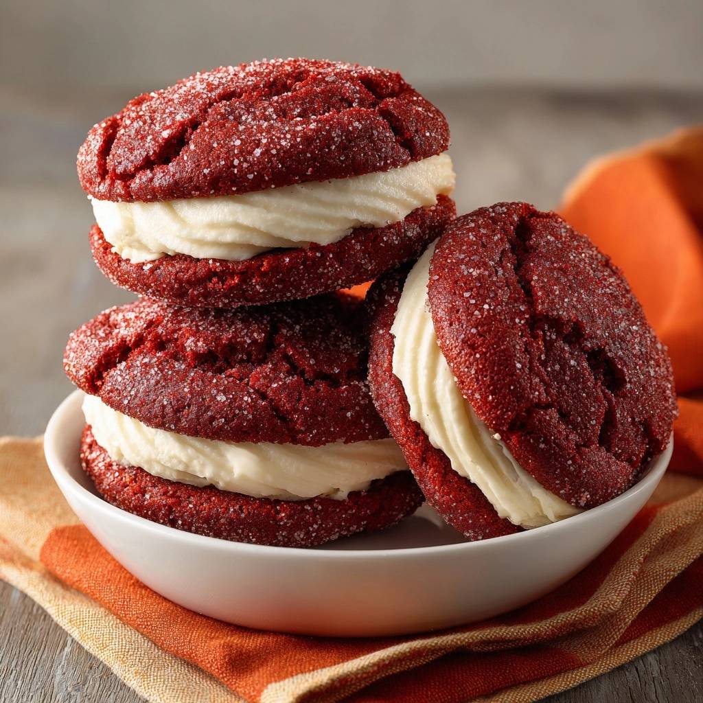Red Velvet Whoopie Pies gestapelt in einer Schüssel mit einer cremigen Füllung und Zuckerstreuseln auf den Keksen.