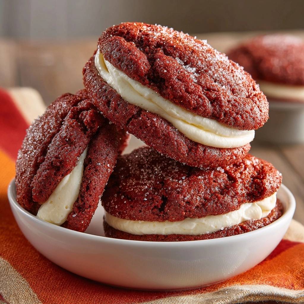 Rote Samt-Whoopie Pies, gestapelt in einer weißen Schüssel auf einem gestreiften Laken, mit cremiger Füllung sichtbar.