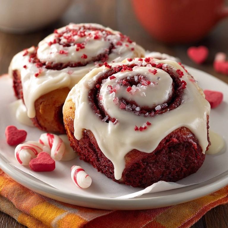 Red Velvet Zimtschnecken mit Pfefferminz, nah aufgenommen und festlich mit Minz- und Zuckerstreuseln garniert.