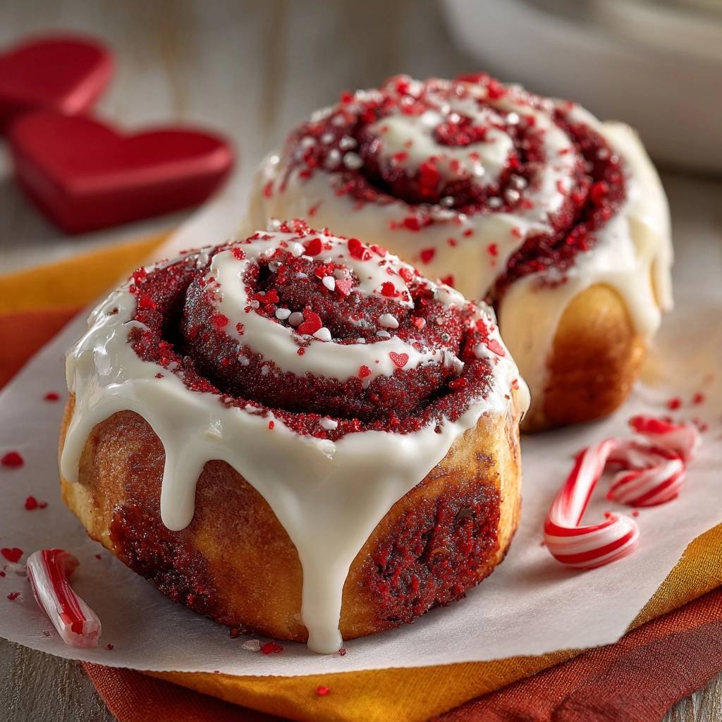 Red Velvet Zimtschnecken mit Pfefferminz, nah aufgenommen mit detaillierter weißer Glasur und roten Zuckerherzen.