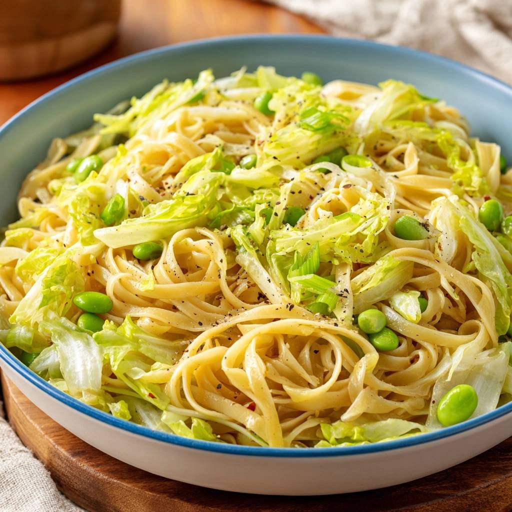 Reisnudeln mit Edamame und Pak Choi, Nahaufnahme der Nudeln mit frischem Gemüse und Frühlingszwiebeln.