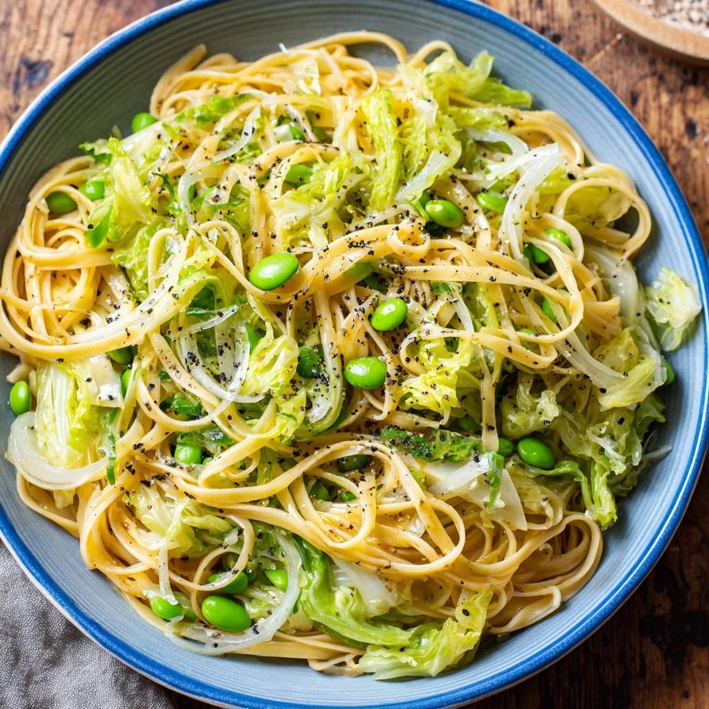 Reisnudeln mit Edamame und Pak Choi, eine Nahaufnahme des Nudelgerichts mit gehacktem Gemüse und schwarzen Pfefferkörnern.