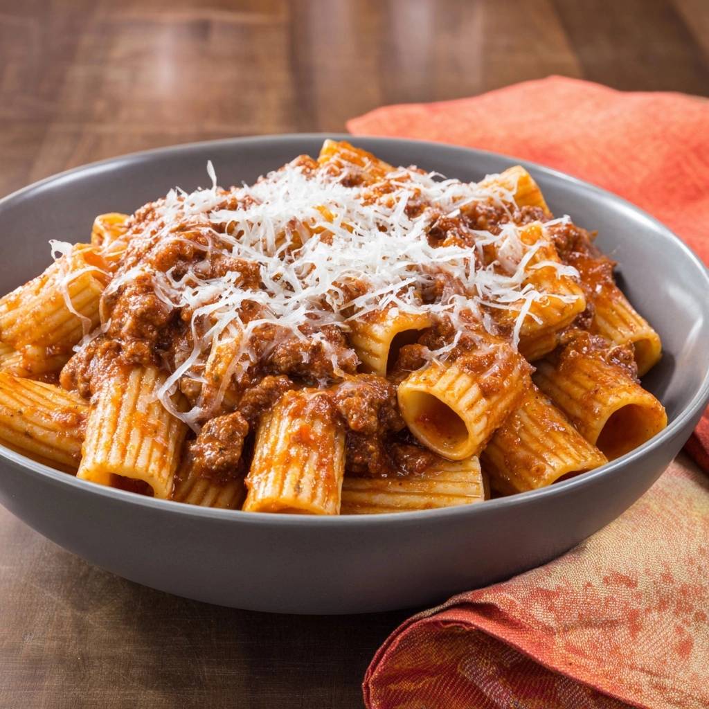 Rigatoni Bolognese, eine Portion Nudeln mit herzhafter Fleischsauce und reichlich geriebenem Käse, serviert in einer Schüssel.