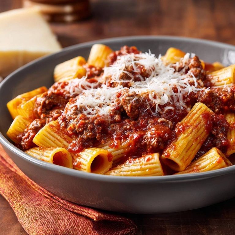 Rigatoni Bolognese als Nahaufnahme mit geriebenem Käse und einer reichhaltigen Fleischsauce in einer Schüssel