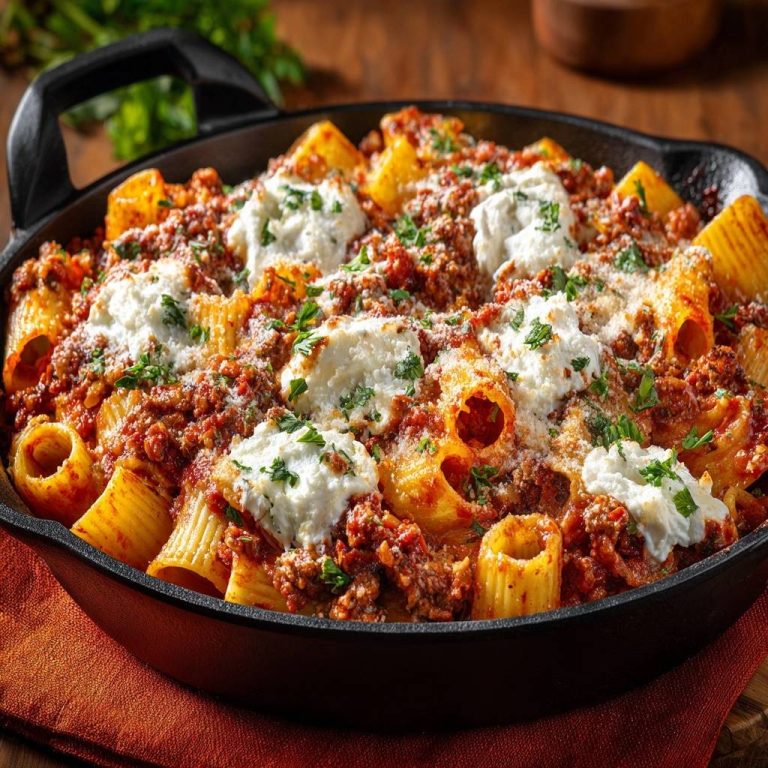 Rigatoni mit cremiger Rindfleischsauce und geschmolzenem Käse in einer Gusseisenpfanne, Nahaufnahme