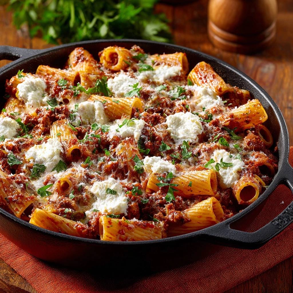 Rigatoni mit cremiger Rindfleischsauce im schwarzen Gusseisen-Napf, Nahaufnahme mit Klumpen von Frischkäse und gehackter Petersilie garniert.