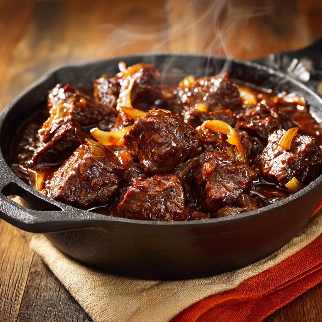 Saftiges Rindergulasch mit Zwiebeln wird heiss in einer Gusseisenpfanne serviert, mit Dampf aufsteigend.