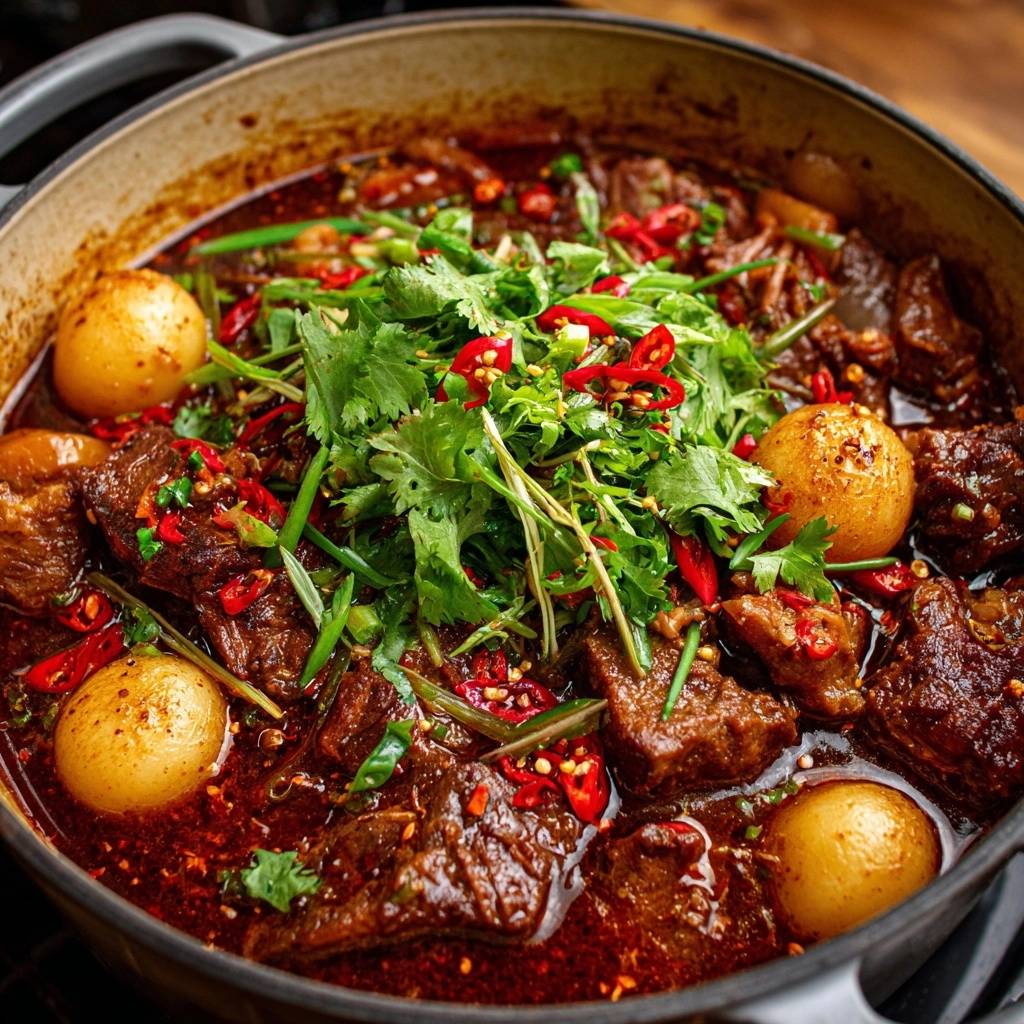 Würziges Rindfleisch-Curry mit Perlzwiebeln, nahaufnahme der zarten Fleischstücke, garniert mit frischem Koriander und Chilis.